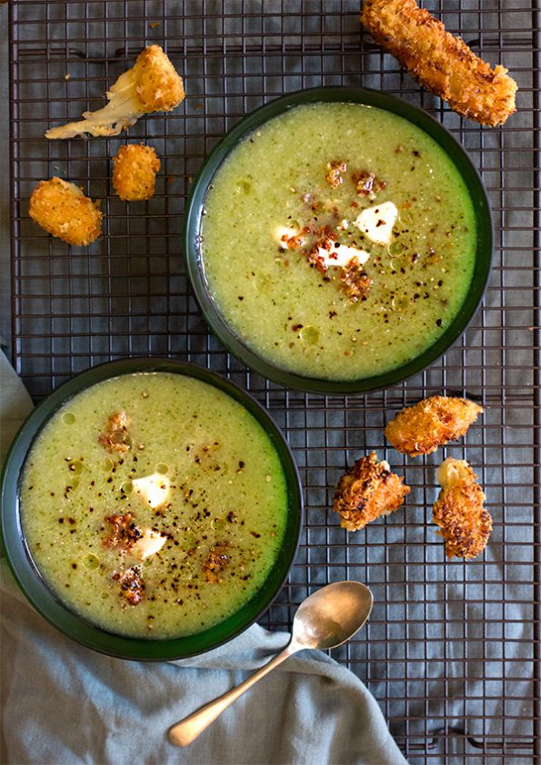 Broccoli and Cauliflower Soup with Fried Mozzarella