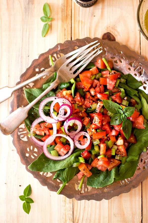Celery, Tomato and Spinach Chopped Salad with Basil Vinaigrette