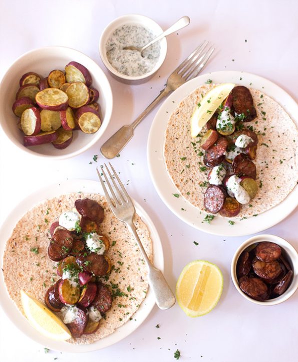 Chorizo and Sweet Potato Wraps with Mint and Yoghurt dressing aninas