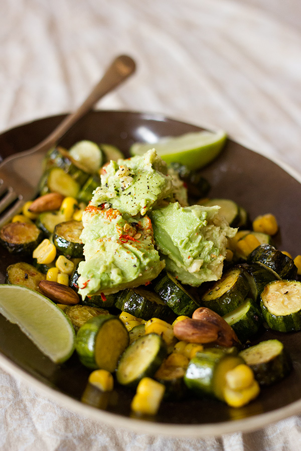 Roasted Zucchini, Corn and Almonds with smashed Avocado aninas recipes
