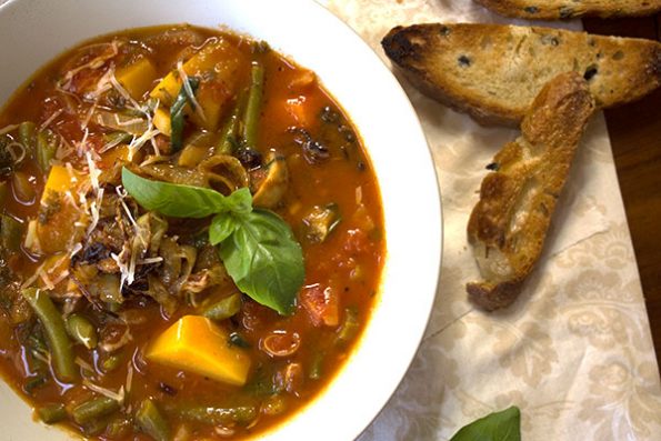 Minestrone with Crispy Onions and Parmesan