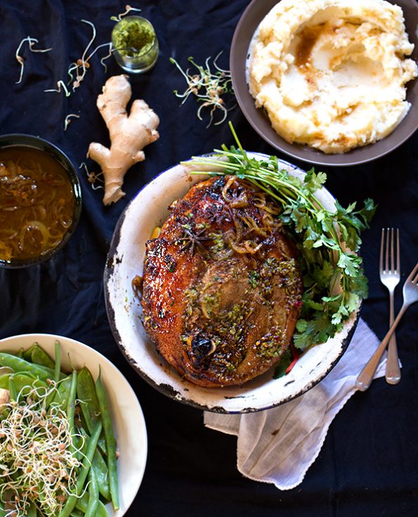 Slow Roasted Leg of Pork with Ginger and Coriander Pesto