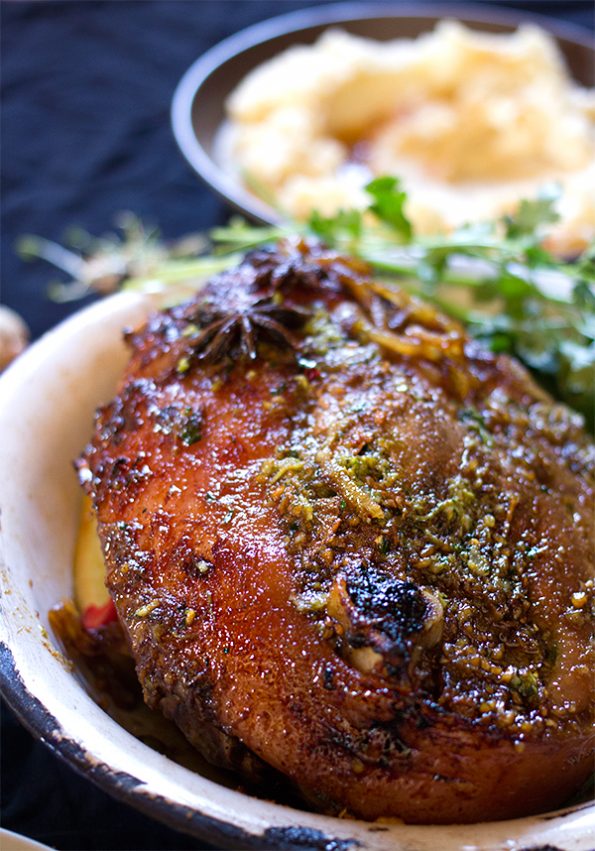 Slow Roasted Leg of Pork with Ginger and Coriander Pesto