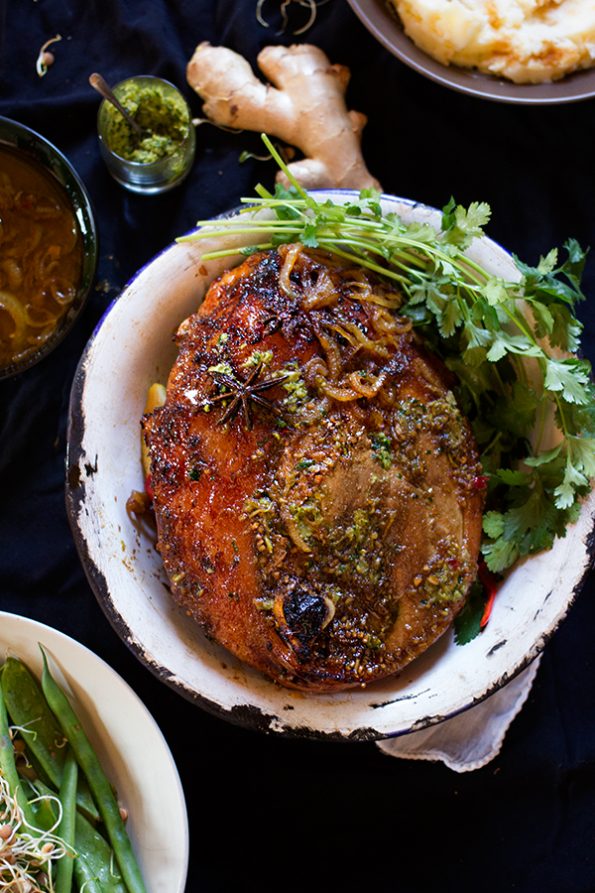 Slow Roasted Leg of Pork with Ginger and Coriander Pesto