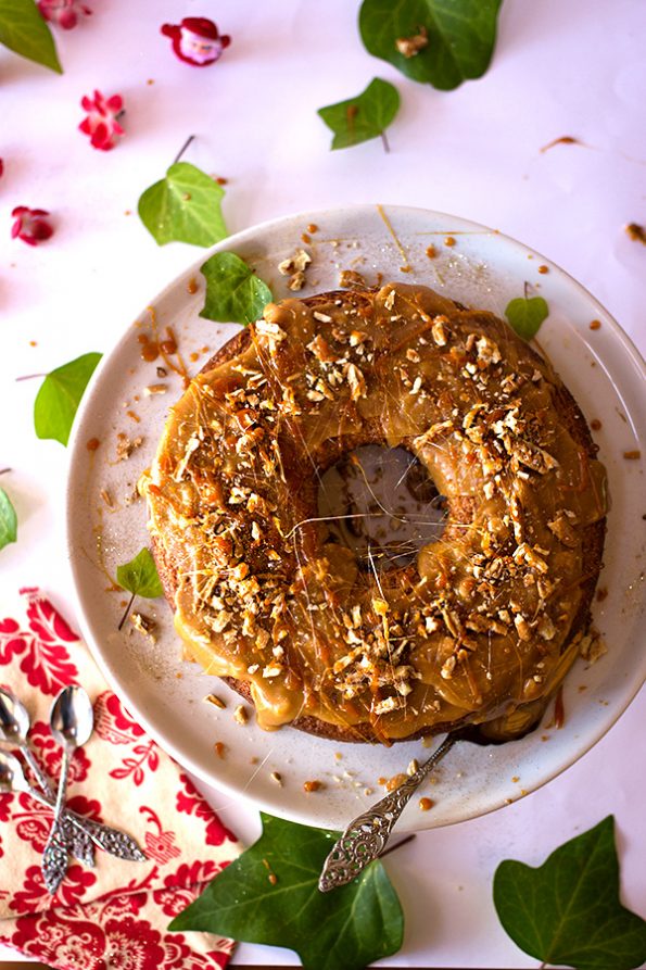 Banana Cake with Butterscotch Sauce and Pecans