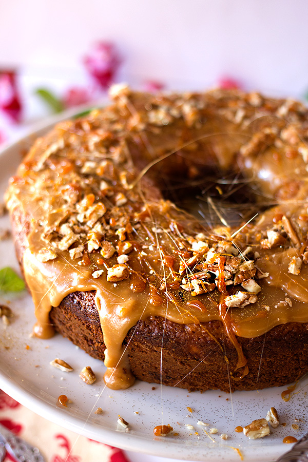 Banana Cake with Butterscotch Sauce and Pecans Banana Cake with Butterscotch Sauce and Pecans