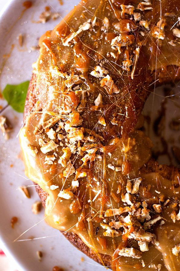 Banana Cake with Butterscotch Sauce and Pecans