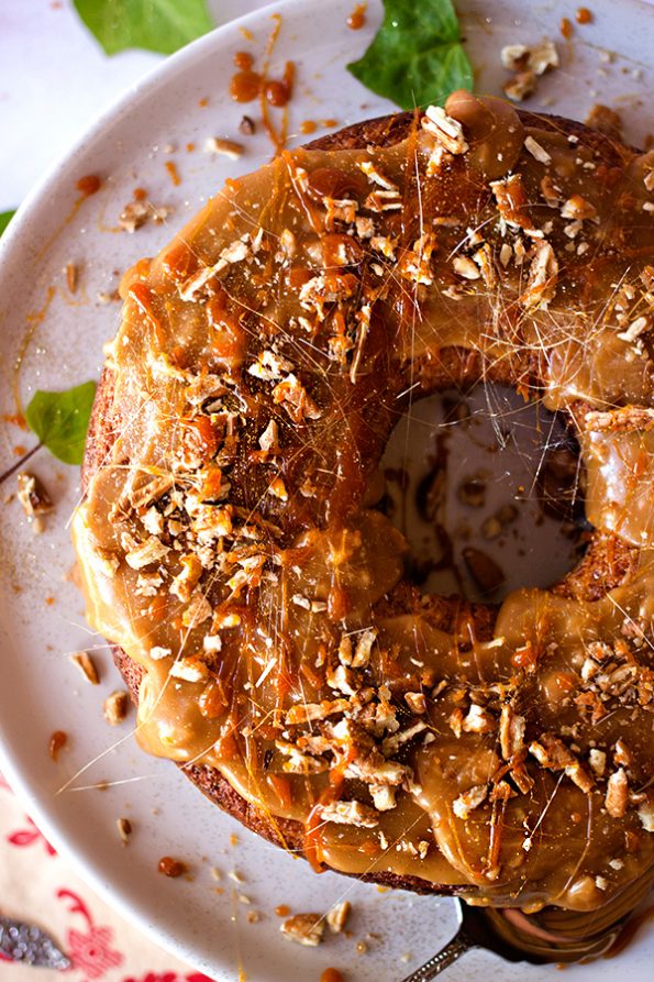 Banana Cake with Butterscotch Sauce and Pecans