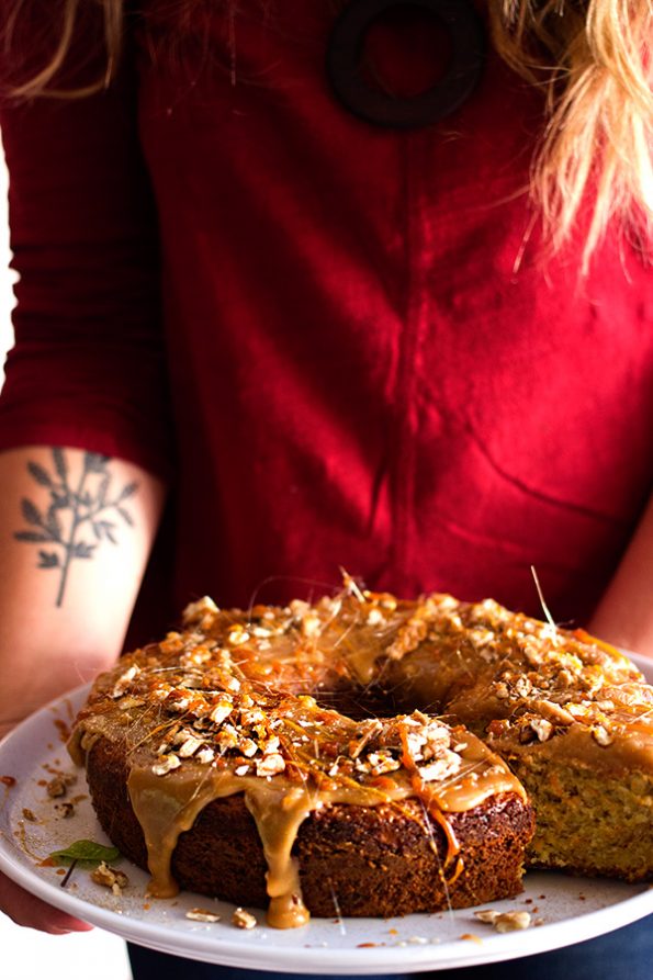 Banana Cake with Butterscotch Sauce and Pecans