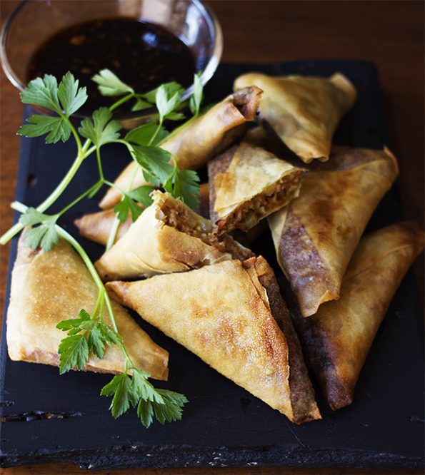 Beef Samosas with Ginger and Soy Dip