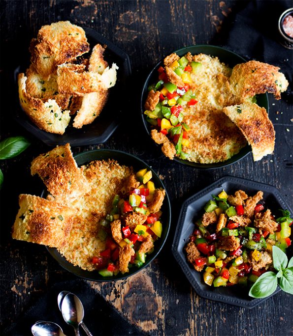 Crispy Artichoke Pots and Basil Melba Toasts with Pepper Panzanella Salsa