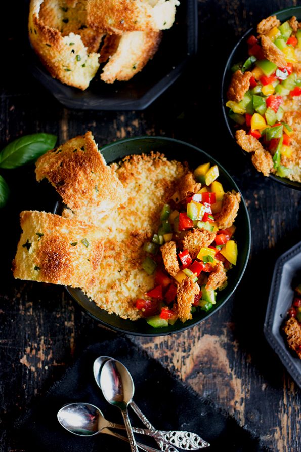 Crispy Artichoke Pots and Basil Melba Toasts with Pepper Panzanella Salsa
