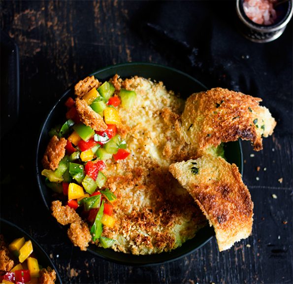 Crispy Artichoke Pots and Basil Melba Toasts with Pepper Panzanella Salsa