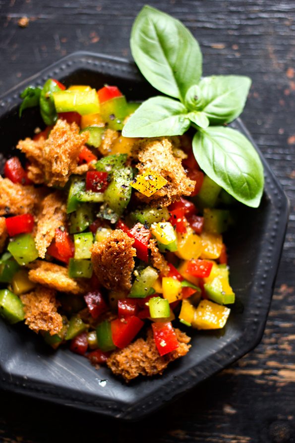 Crispy Artichoke Pots and Basil Melba Toasts with Pepper Panzanella Salsa