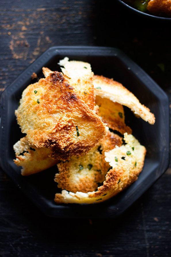 Crispy Artichoke Pots and Basil Melba Toasts with Pepper Panzanella Salsa