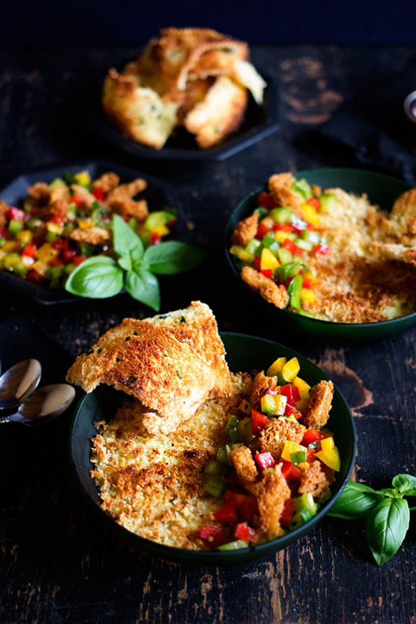 Crispy Artichoke Pots and Basil Melba Toasts with Pepper Panzanella Salsa