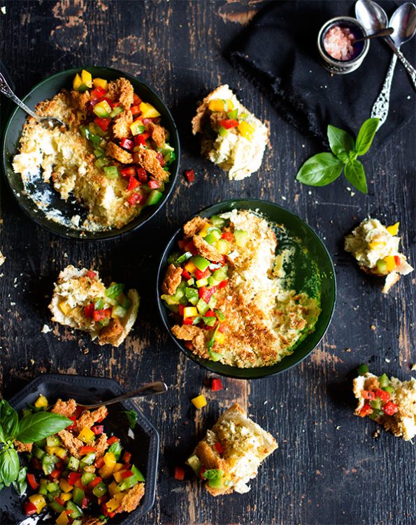 Crispy Artichoke Pots and Basil Melba Toasts with Pepper Panzanella Salsa
