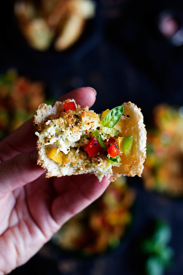 Crispy Artichoke Pots and Basil Melba Toasts with Pepper Panzanella Salsa