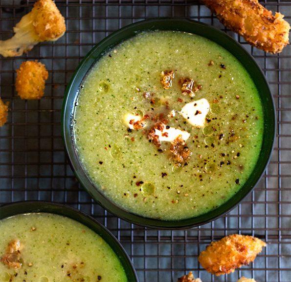Broccoli and Cauliflower Soup with Fried Mozzarella
