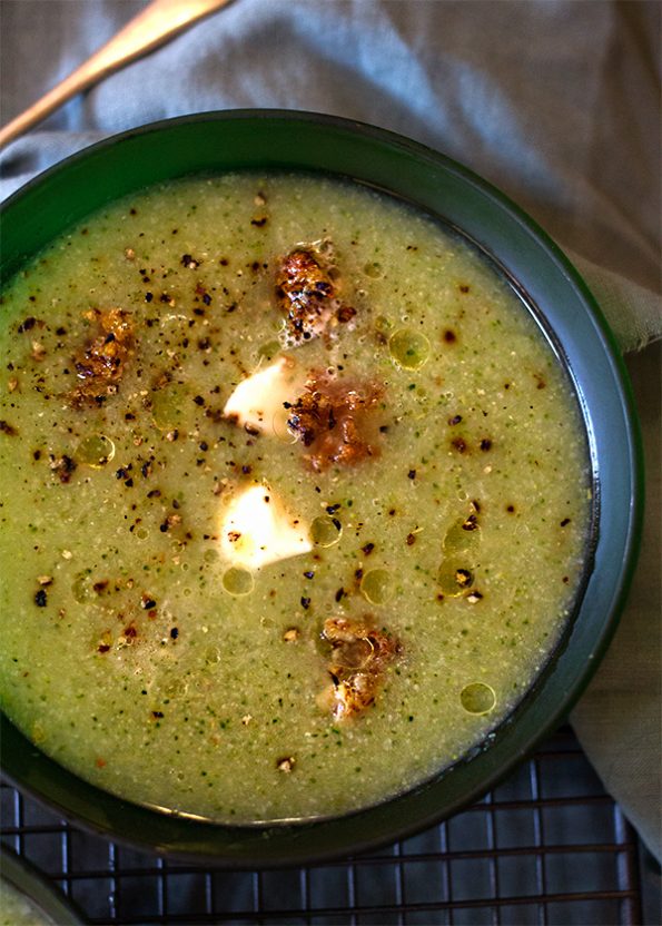 Broccoli and Cauliflower Soup with Fried Mozzarella