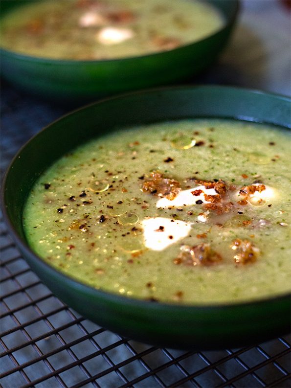 Broccoli and Cauliflower Soup with Fried Mozzarella