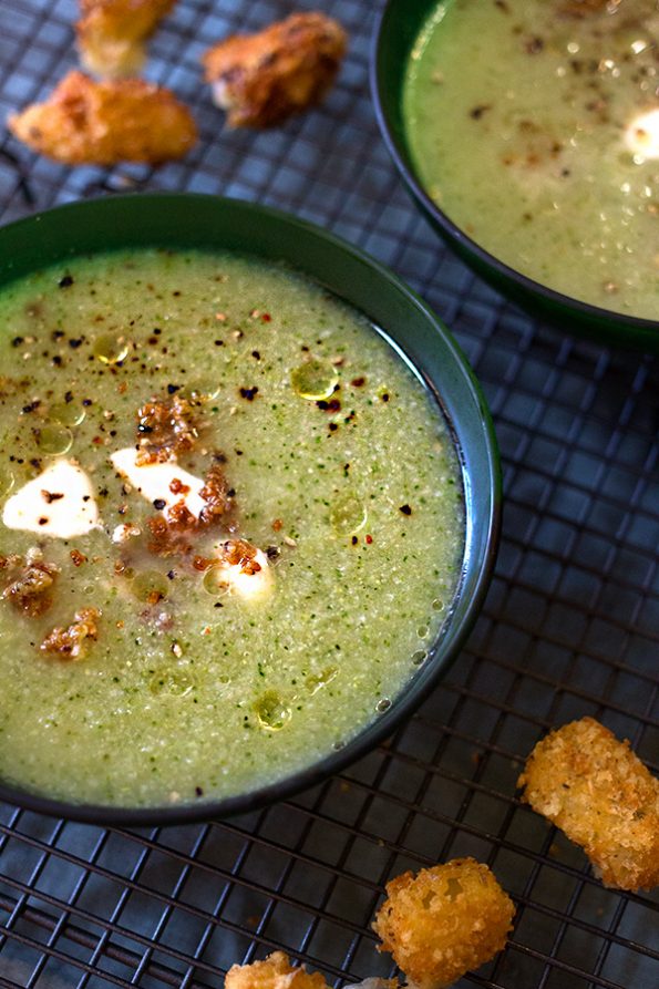 Broccoli and Cauliflower Soup with Fried Mozzarella
