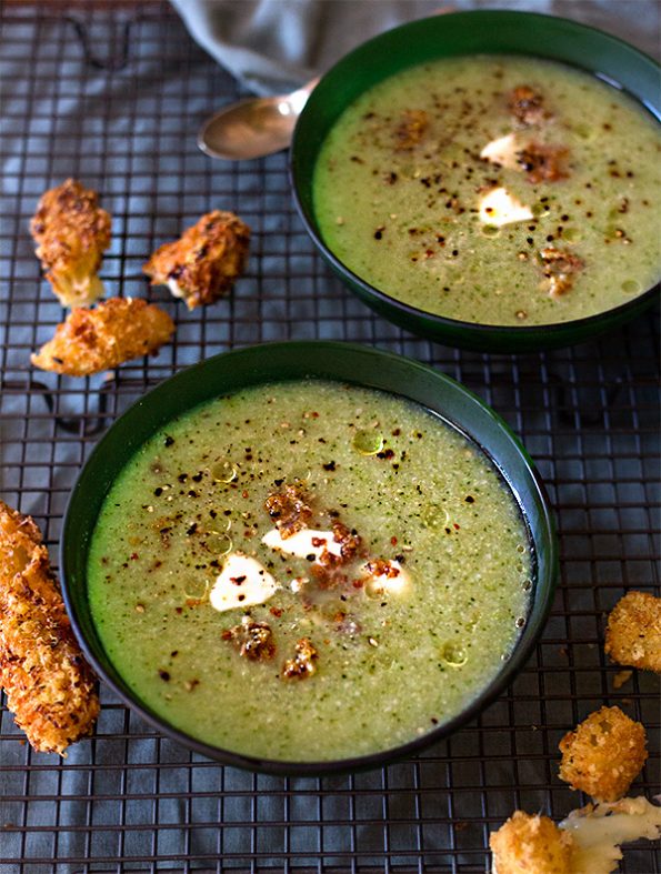 Broccoli and Cauliflower Soup with Fried Mozzarella