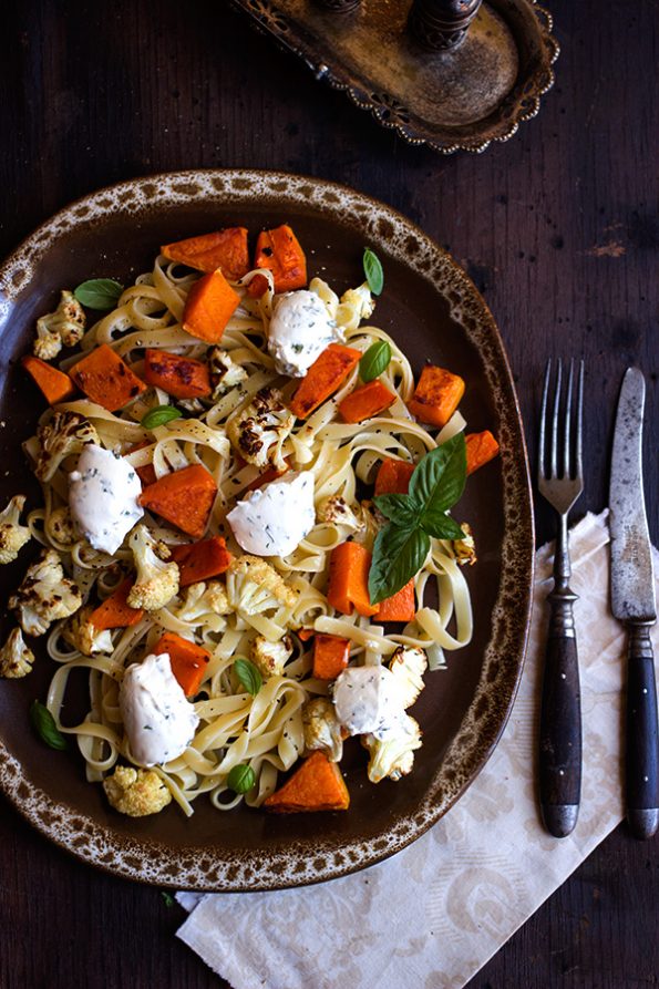 Roasted Butternut and Cauliflower Tagliatelle with Herbed Creme Fraiche