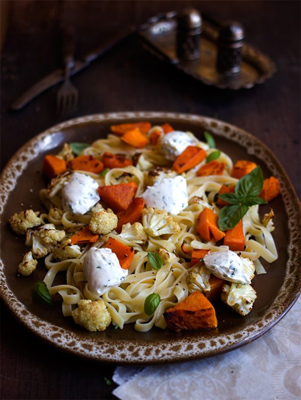 Roasted Butternut and Cauliflower Tagliatelle with Herbed Creme Fraiche