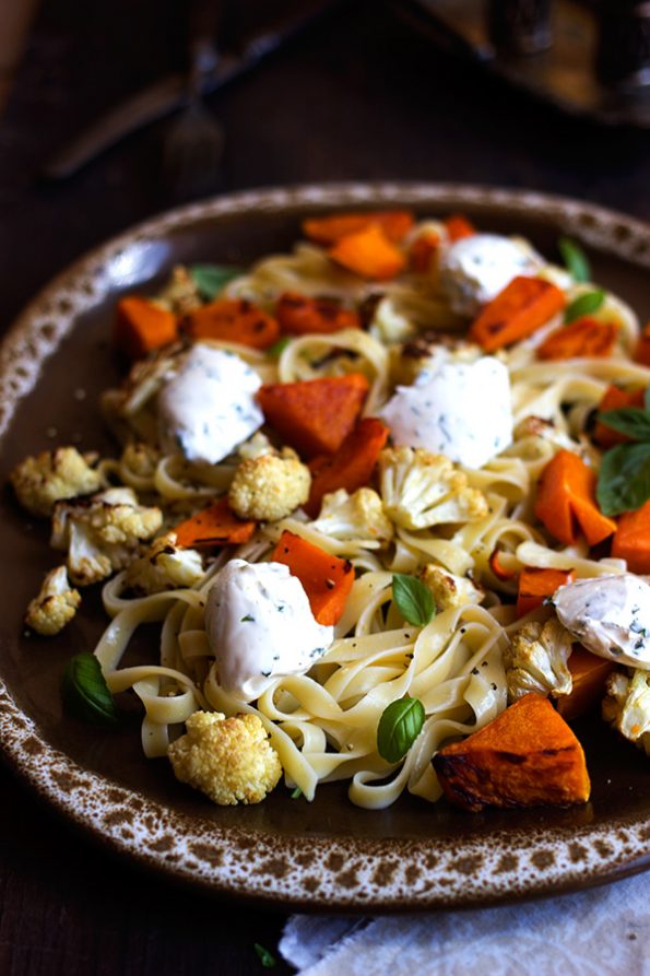 Roasted Butternut and Cauliflower Tagliatelle with Herbed Creme Fraiche
