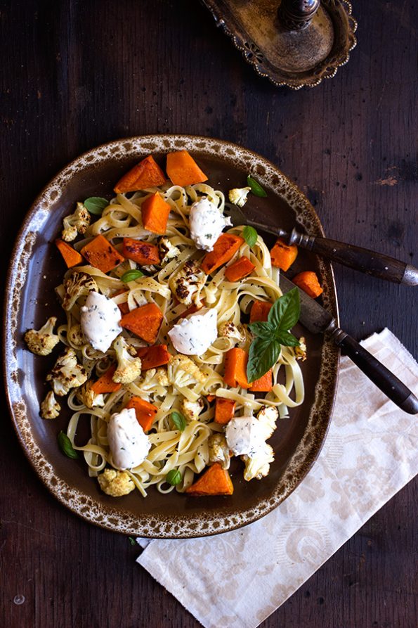 Roasted Butternut and Cauliflower Tagliatelle with Herbed Creme Fraiche