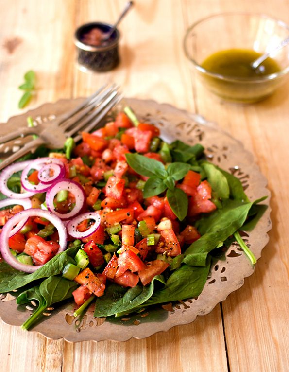 Celery, Tomato and Spinach Chopped Salad with Basil Vinaigrette