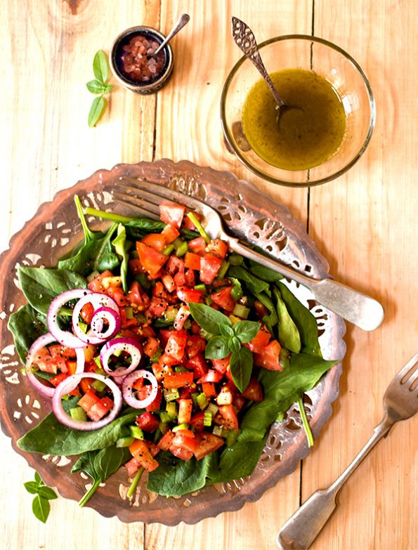 Celery, Tomato and Spinach Chopped Salad with Basil Vinaigrette