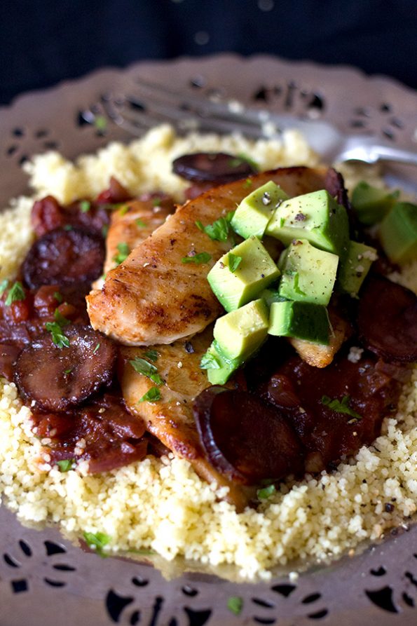 Chicken with Tomato and Chorizo sauce on Couscous