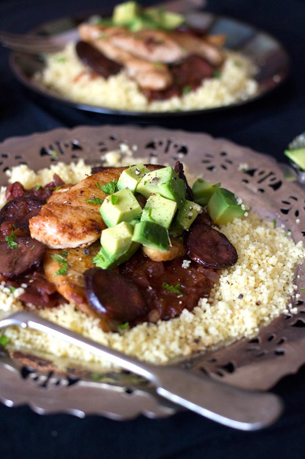 Chicken with Tomato and Chorizo sauce on Couscous