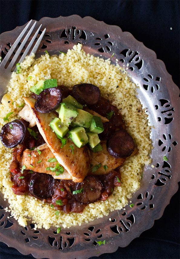 Chicken with Tomato and Chorizo sauce on Couscous