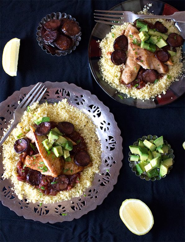 Chicken with Tomato and Chorizo sauce on Couscous