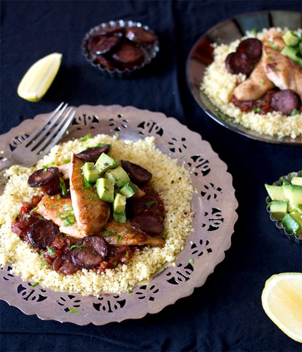 Chicken with Tomato and Chorizo sauce on Couscous