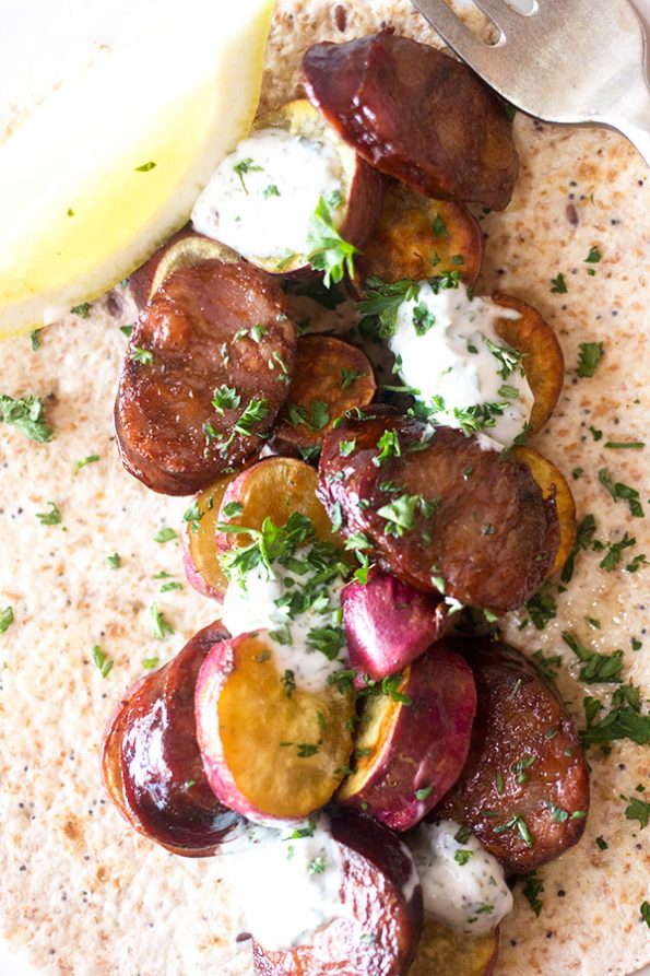 Chorizo and Sweet Potato Wraps with Mint and Yoghurt dressing