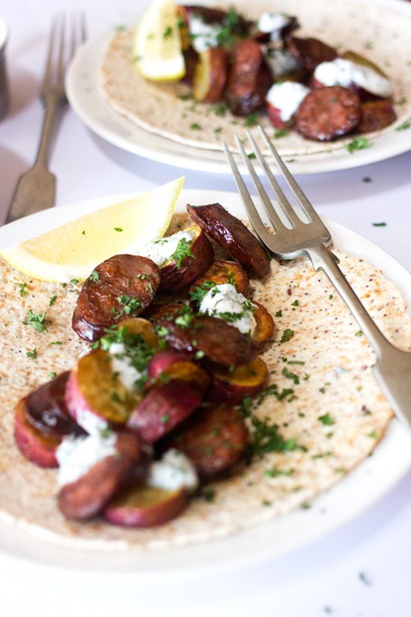 Chorizo and Sweet Potato Wraps with Mint and Yoghurt dressing