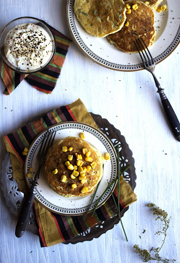 Corn and Chive Pancakes with Black Pepper Creme Fraiche