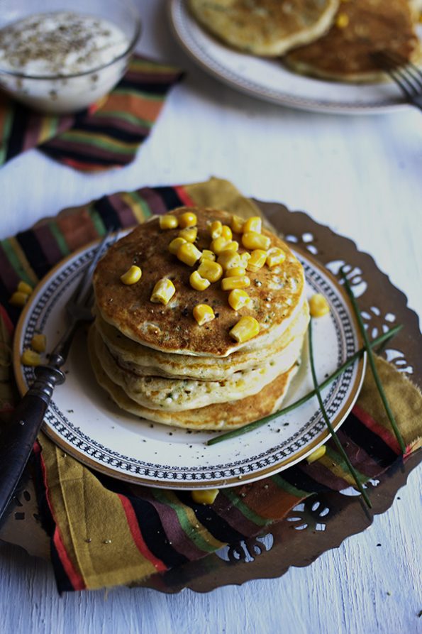 Corn and Chive Pancakes with Black Pepper Creme Fraiche
