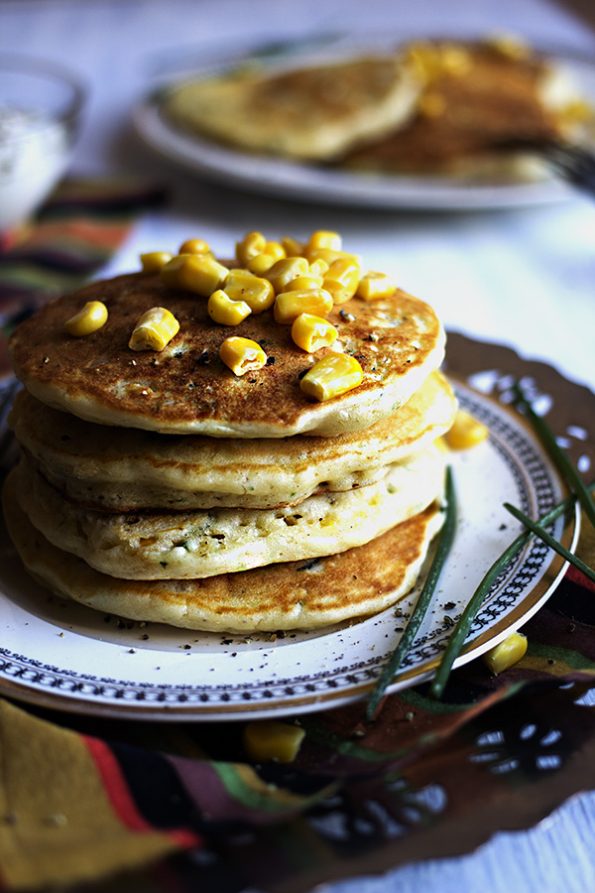 Corn and Chive Pancakes with Black Pepper Creme Fraiche