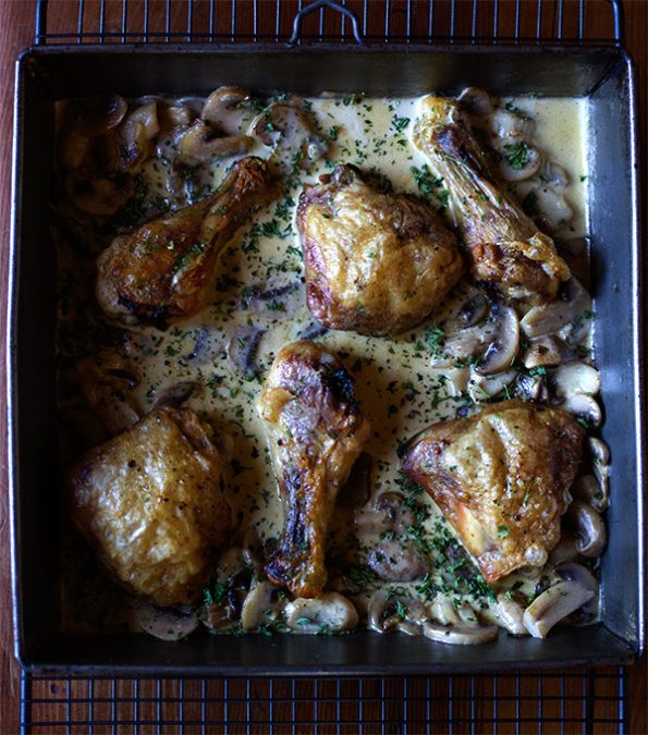 Crispy Chicken in Creamy Mushroom Sauce with Cauliflower Mash
