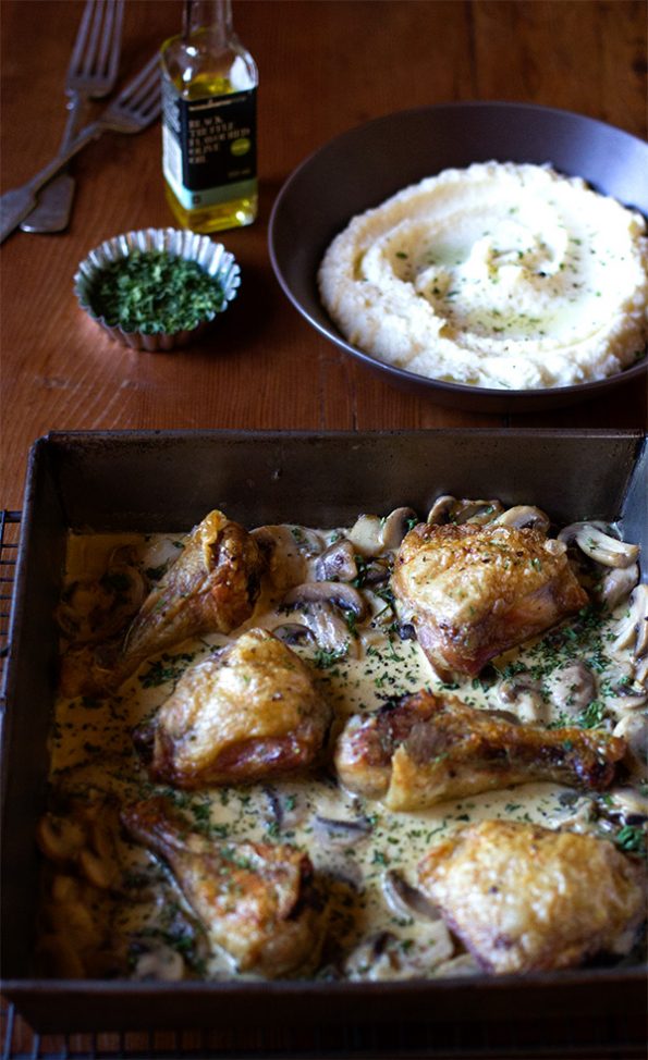 Crispy Chicken in Creamy Mushroom Sauce with Cauliflower Mash