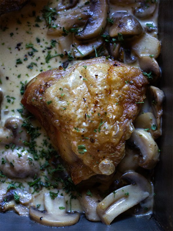Crispy Chicken in Creamy Mushroom Sauce with Cauliflower Mash