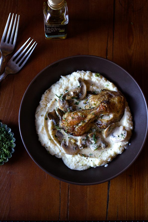 Crispy Chicken in Creamy Mushroom Sauce with Cauliflower Mash