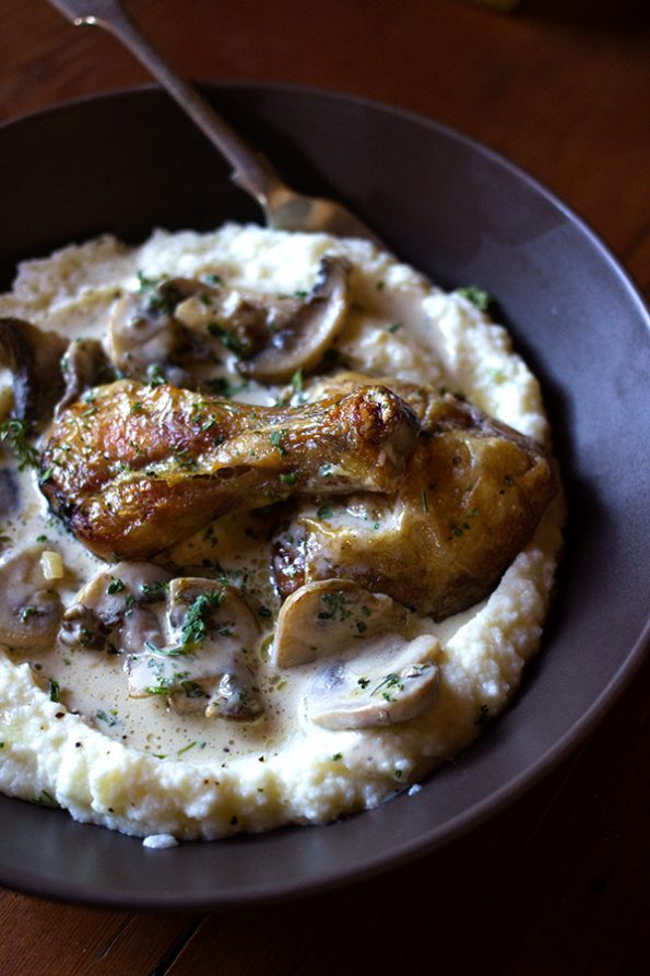 Crispy Chicken in Creamy Mushroom Sauce with Cauliflower Mash