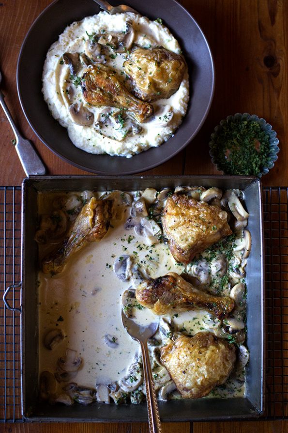 Crispy Chicken in Creamy Mushroom Sauce with Cauliflower Mash