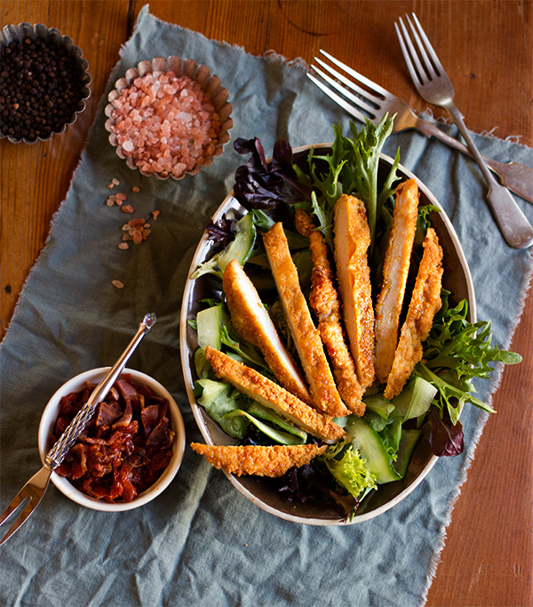 Crumbed Chicken Salad with Bacon and Sun Dried Tomato Relish aninas